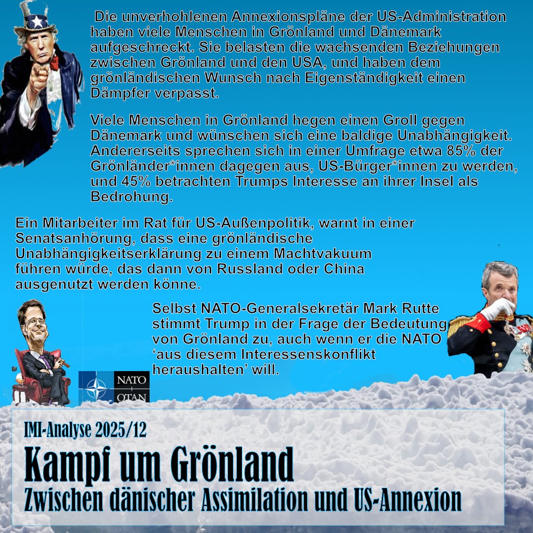 In der IMI-Analyse "Kampf um Grönland: Zwischen dänischer Assimilation und US-Annexion" geht es um Interessen der USA für diese Konfrontation, dem Lavieren der NATO und den Einfluss des Konflikts auf das Unabhängigkeitsbegehren der dortigen Bevölkerung.
imi-online.de/2025/04/09/kam…