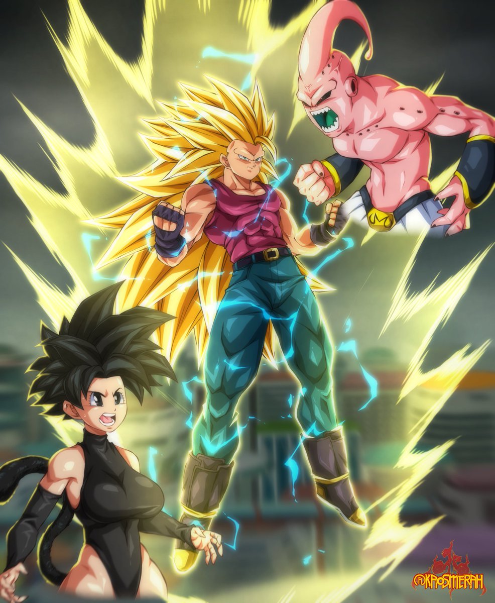 Power-up complete. SSJ3 Rukisa takes the stage. Buu's mad. Raya's