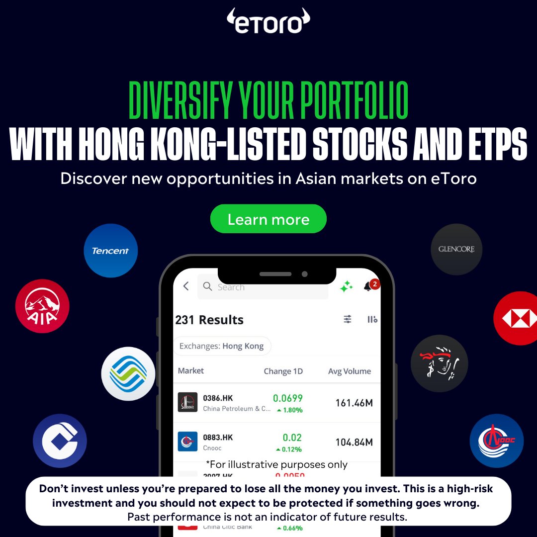 eToro's tweet photo. 📢 Big News: 

We are expanding access to Asian markets by adding all Hong Kong-listed stocks and exchange-traded products (ETPs), including ETFs and Leveraged &amp; Inverse Products.

Learn more ⤵️