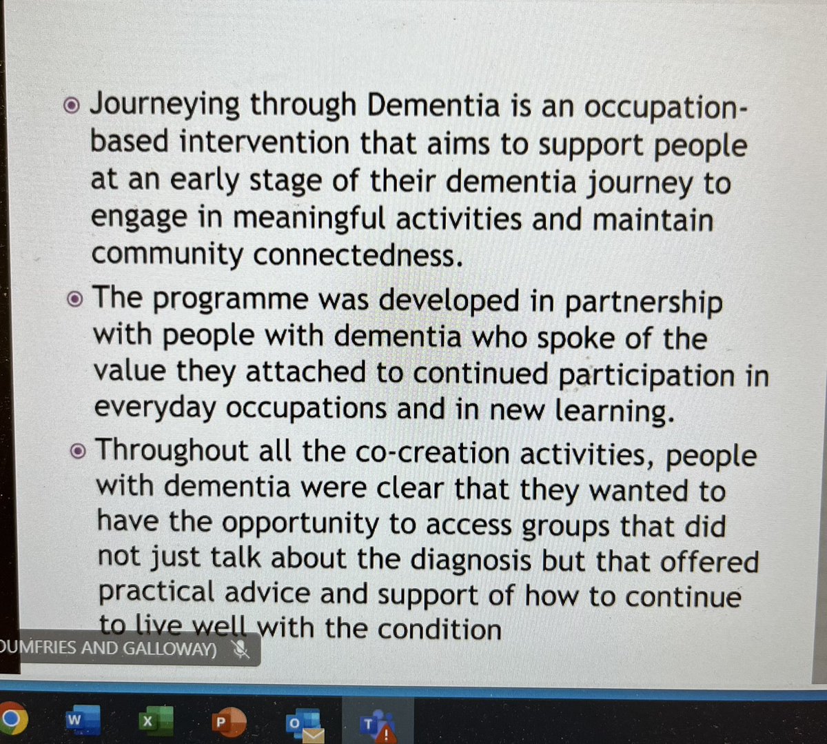 elaineahpmh's tweet photo. Up next is @GailHogg6 sharing their experience of delivering @ScotJtDementia in Fife a peer led post diagnostic group facilitated by occupational therapy @RCOT_PolicySco https://t.co/kRM5NhagLS