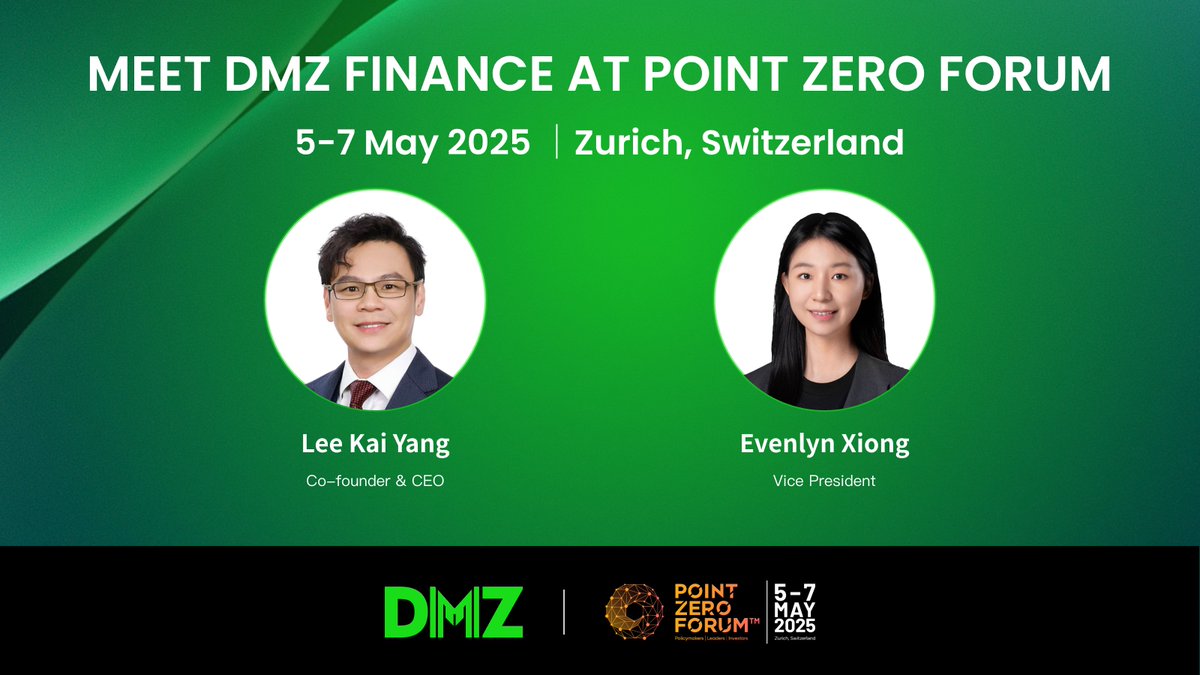DMZ Finance (@dmz_finance) on Twitter photo We’re thrilled to announce that <a href="/kaiyang_lee/">LEE KAI YANG</a>, Co-Founder & CEO of <a href="/DMZ_Finance/">DMZ Finance</a>, has been invited as a speaker at the <a href="/pointzeroforum/">Point Zero Forum</a> 2025, taking place from May 5–7 in Zurich, organized by the <a href="/gftn_official/">Global Finance & Technology Network (GFTN)</a>.
<a href="/0xevelving/">Evelyn | DMZ</a>, VP of DMZ Finance, will also be attending the Point Zero We’re thrilled to announce that <a href="/kaiyang_lee/">LEE KAI YANG</a>, Co-Founder & CEO of <a href="/DMZ_Finance/">DMZ Finance</a>, has been invited as a speaker at the <a href="/pointzeroforum/">Point Zero Forum</a> 2025, taking place from May 5–7 in Zurich, organized by the <a href="/gftn_official/">Global Finance & Technology Network (GFTN)</a>.
<a href="/0xevelving/">Evelyn | DMZ</a>, VP of DMZ Finance, will also be attending the Point Zero