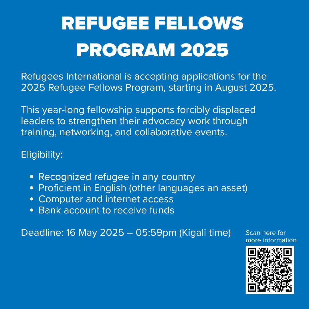 UNHCR Rwanda (@refugeesrwanda) on Twitter photo Are you a refugee leader driving change in your community?
Apply now for the 2025 Refugee Fellows Program by <a href="/RefugeesIntl/">Refugees International</a>! A year-long journey of training, advocacy, & global networking awaits.
🗓️ Application deadline: 16 May 2025
🔗 More details here: help.unhcr.org/rwanda/2025/04… Are you a refugee leader driving change in your community?
Apply now for the 2025 Refugee Fellows Program by <a href="/RefugeesIntl/">Refugees International</a>! A year-long journey of training, advocacy, & global networking awaits.
🗓️ Application deadline: 16 May 2025
🔗 More details here: help.unhcr.org/rwanda/2025/04…