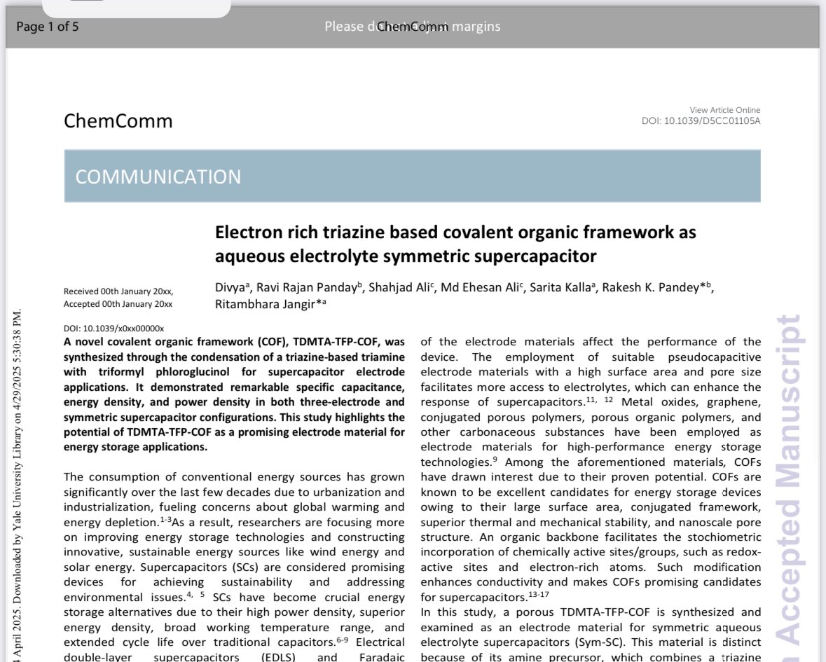 New publication in Chemical Communications from a joint collaboration between SVNIT Surat and MGCUB. Congratulations to Dr. Ritambhara Jangir for this excellent outcome. Congratulations to Divya and Ravi too. #chemcommun <a href="/ChemCommun/">Chemical Communications</a> <a href="/RoySocChem/">Royal Society of Chemistry</a> <a href="/MGCUBihar/">Mahatma Gandhi Central University</a> <a href="/svnit/">SVNIT Surat</a>
