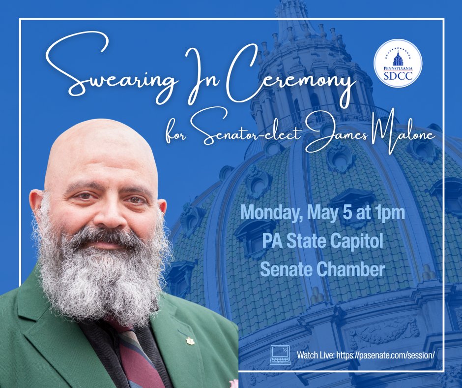PaSDCC's tweet photo. Next week, we will officially welcome our friend @MaloneForSenate to the #PASenate. You can watch the festivities Monday, May 1 at 1pm at https://t.co/9c973rvdbs
#Feeling23 https://t.co/ObAnRbAgcz