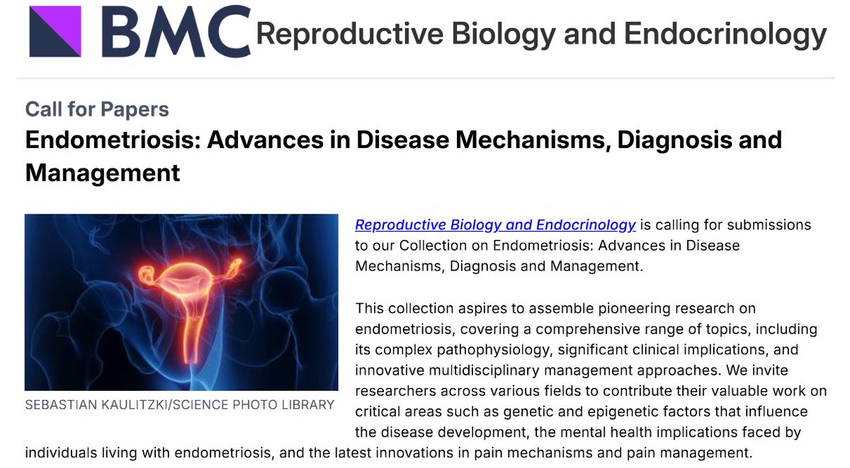 Women's and Reproductive Health at BMC (@reprod_health) on Twitter photo 🚨New #callforpapers in Reproductive Biology and Endocrinology <a href="/rbejournal/">Reproductive Biology & Endocrinology Journal</a>
#Endometriosis: Advances in Disease Mechanisms, Diagnosis and Management
Guest Edited by Dr Paola Viganò, PhD <a href="/PaolaVigano3/">Paola Vigano'</a>
📚biomedcentral.com/collections/EA… 🚨New #callforpapers in Reproductive Biology and Endocrinology <a href="/rbejournal/">Reproductive Biology & Endocrinology Journal</a>
#Endometriosis: Advances in Disease Mechanisms, Diagnosis and Management
Guest Edited by Dr Paola Viganò, PhD <a href="/PaolaVigano3/">Paola Vigano'</a>
📚biomedcentral.com/collections/EA…