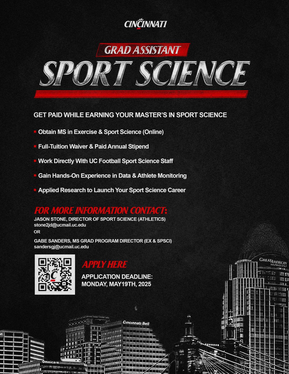 Cincinnati Football is hiring a Sport Science GA‼️

Learn in our brand-new Performance Center and earn your Master’s online through UC. Full tuition &amp; stipend included.

Deadline: May 19
Apply: lnkd.in/gchM79Vg
#Bearcats x #SportsScience