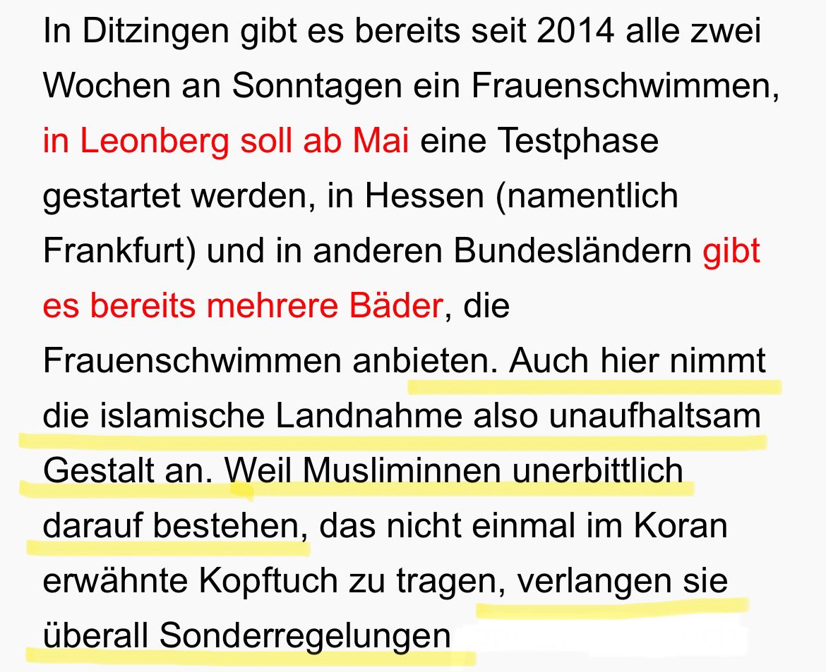 Muslime fordern und fordern Sonderrechte, jetzt auch Frauenschwimmzeiten, um ihre rückständige Ideologie durchzudrücken. 
Der Dschihad frisst sich unaufhaltsam durch Westeuropa, und die Grüne und Linke samt SPD, unterlaufen von Politikerinnen mit Migrationshintergrund und