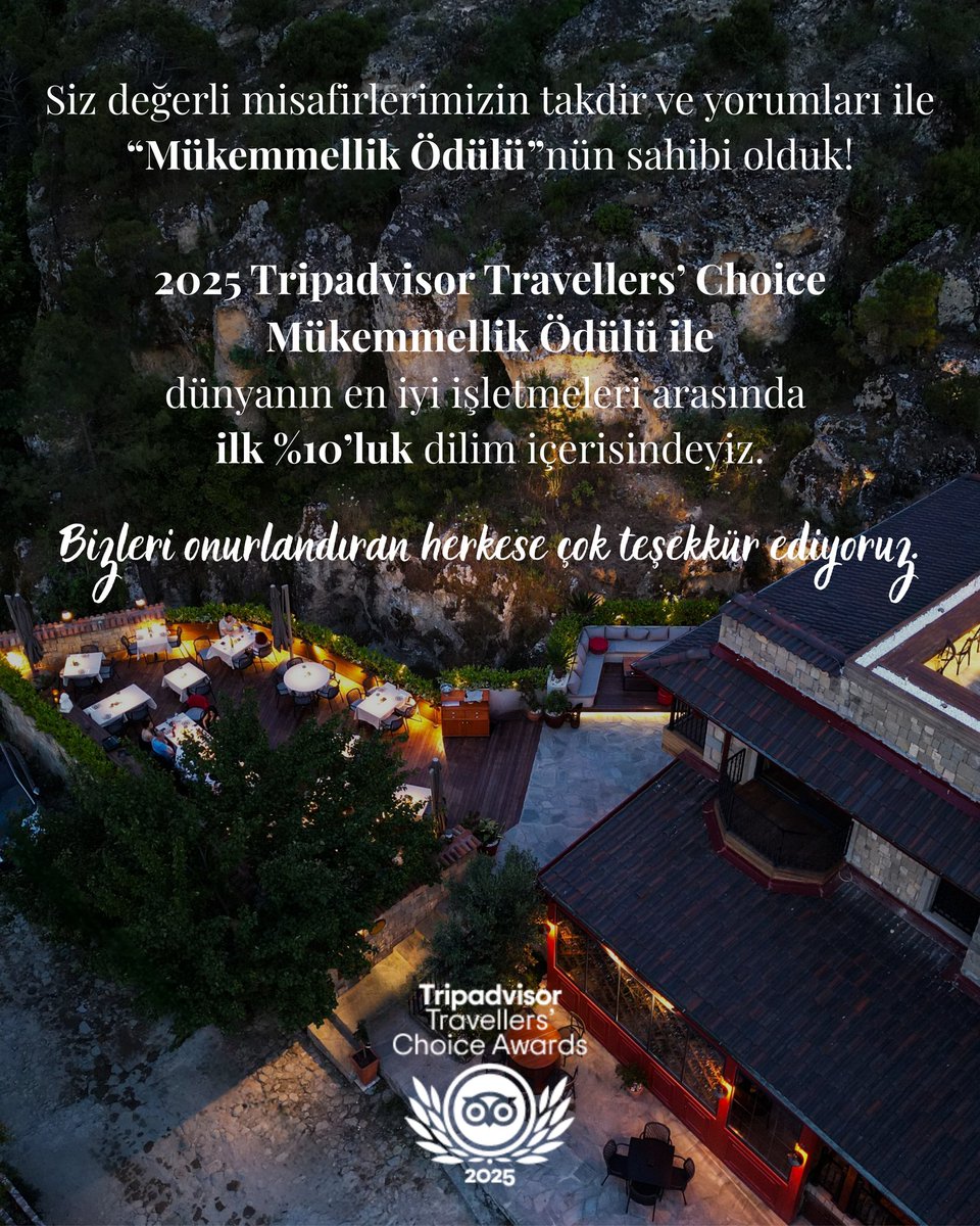 🌿 Değerli misafirlerimiz, bu ödül sizinle güzel..

2025 Tripadvisor Travellers’ Choice Ödülü ile dünyanın en iyi %10’luk işletmeleri arasında yer almaktan büyük mutluluk duyuyoruz.

Her yorumunuzda, her tebessümünüzde bu yolculuğun bir parçası oldunuz.
Bu başarı; emeğini,
