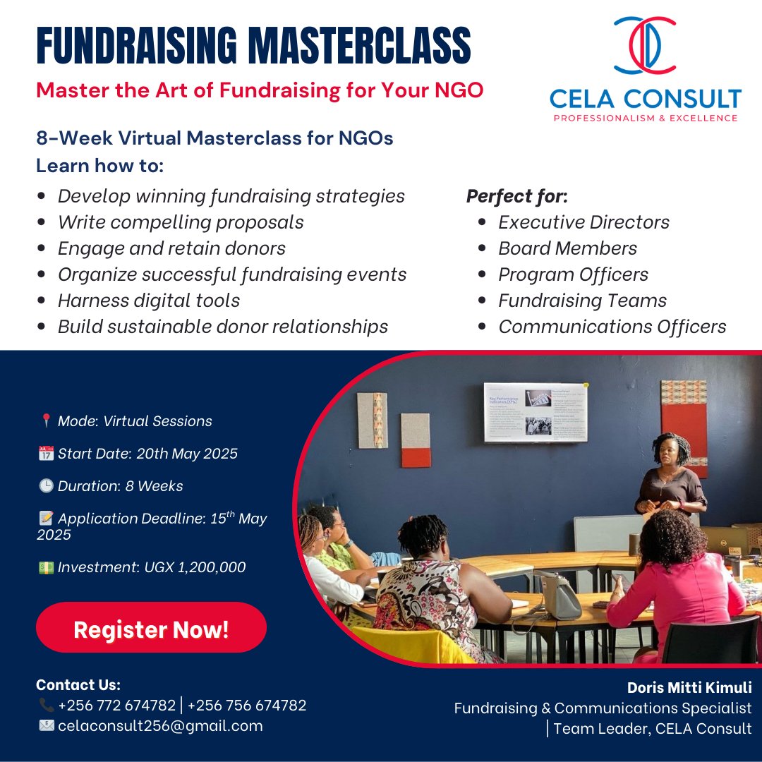 CelaConsult's tweet photo. 📢 Want to boost your NGO’s fundraising success? Join our 8-week virtual masterclass led by a fundraising and comms expert @Do_Kim  (CELAConsult). 
📣 Secure your spot today by registering here: https://t.co/d16jEBB2Pj
📷 Apply by 15 May  
#FundraisingForImpact https://t.co/KySipA8vBM