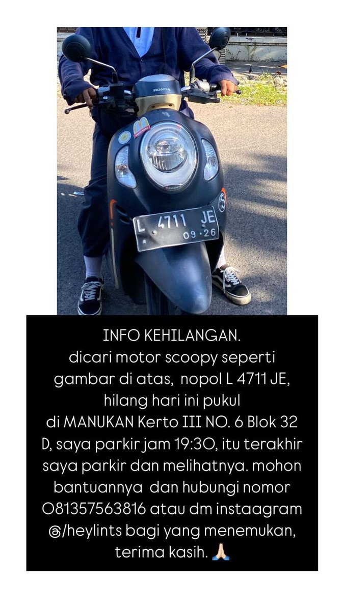 heylints's tweet photo. @e100ss halo warga surabaya dan sekitarnya saya barusan saja kehilangan motor di parkir depan rumah di Manukan Kerto III NO 6 32 D pukul 19:30 seperti berikut. Lemes banget karna kehilangan yg sangat amat berguna dalam kehidupan pribadi 😭 Jika ada yang melihat ya makasih https://t.co/BYMiECHaDr