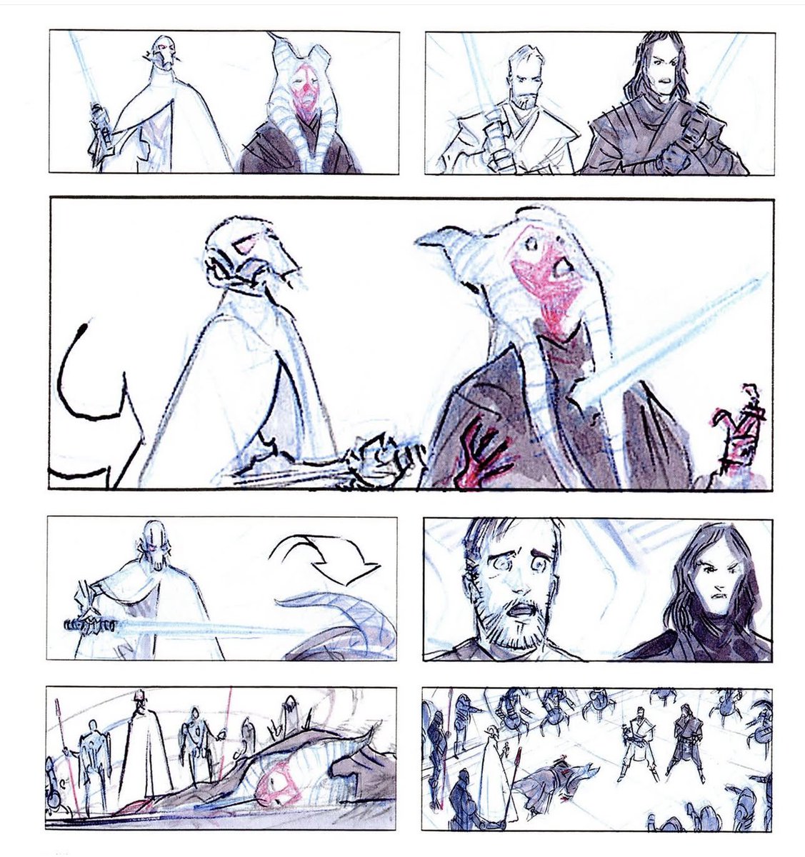 Storyboards for the Revenge Of The Sith deleted scene of  Shaak Ti’s death by General Grievous. 

Art by Derek Thompson 

instagram.com/p/DJEuK9cJdMS/…

#StarWars #RevengeOfTheSith #ROTS20th