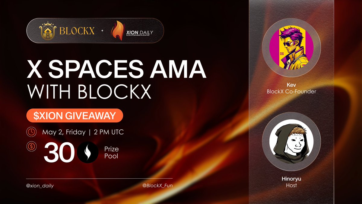 xion_daily's tweet photo. 🚨 AMA AND GIVEAWAY ALERT

Join our exclusive X Spaces AMA with BlockX @BlockX_Fun this Friday, where we discuss their recent launch on XION mainnet

🕑 May 2, Friday | 2 PM UTC

We're also GIVING AWAY 30 $XION FOR THE BEST QUESTIONS 🔽

1⃣ Follow @xion_daily and @BlockX_Fun 
2⃣ Leave your question for the BlockX team
3⃣ Like & RT this announcement 

We will pick 3 winners during the X Spaces and each will get 10 $XION

So make sure you join it, set the reminder now 🔽