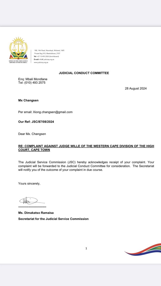 Changsen Xiong (@changsenx) on Twitter photo <a href="/OCJ_RSA/">RSAJudiciary</a> I filed a complaint against the Western Cape Equality Court Judge on 28th August 2024. Please respond from the Judicial Commission. When will the hearing take place? Everyone should have the right to fair justice ⚖️.👇👇👀👇👇👀👇 <a href="/OCJ_RSA/">RSAJudiciary</a> I filed a complaint against the Western Cape Equality Court Judge on 28th August 2024. Please respond from the Judicial Commission. When will the hearing take place? Everyone should have the right to fair justice ⚖️.👇👇👀👇👇👀👇