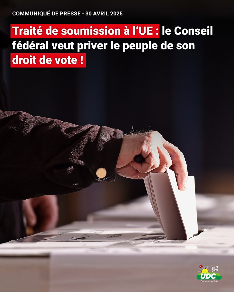 UDCch's tweet photo. C’est un scandale : le Conseil fédéral ne veut pas d’un référendum obligatoire sur le traité de soumission à l’UE. Selon la décision du Tribunal fédéral, ce traité, qui est préjudiciable à notre pays à tous égards, prime sur la Constitution suisse.

https://t.co/jX5Md4EDds https://t.co/EG90IDFbJ0