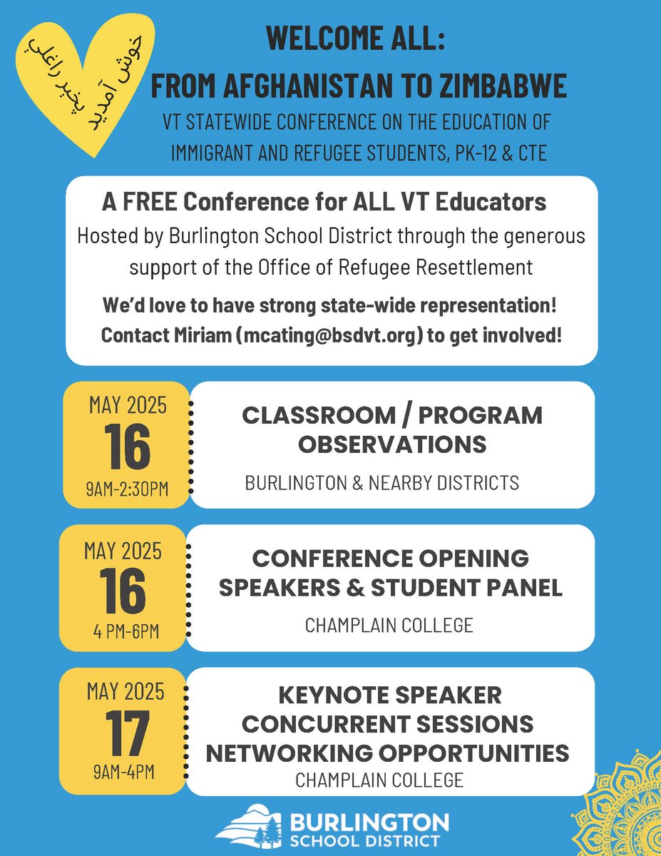 We are only two weeks away from Vermont's ONLY statewide conference dedicated to improving the way we provide education for immigrant and refugee students! docs.google.com/forms/d/e/1FAI… #vted #together