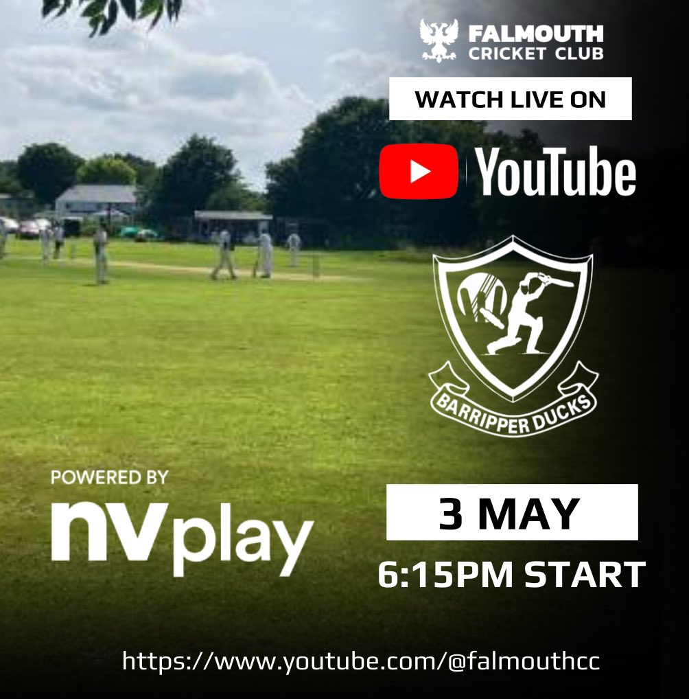 𝐋𝐈𝐕𝐄 𝐒𝐓𝐑𝐄𝐀𝐌 📹

Barripper 1st XI vs Falmouth 1st XI 
Vinter Cup - Round One

Powered By: <a href="/nvplaycricket/">NV Play</a> 

🔗 youtube.com/live/NYkw0ZEIp…

<a href="/cornwall_league/">Cornwall Cricket League</a>