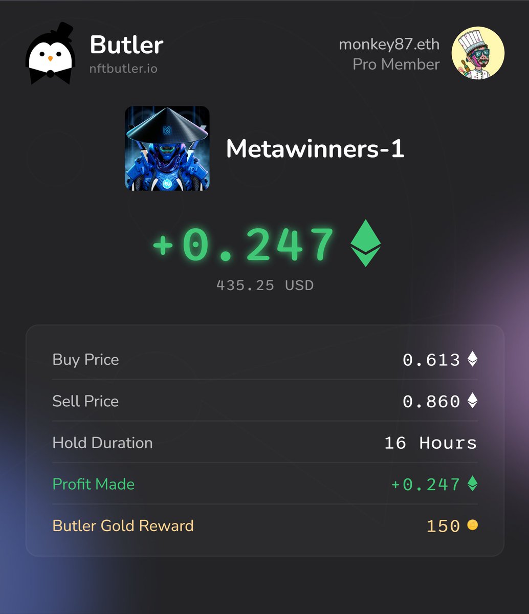 0.247 Ξ profit on a single trade 💸📈

Sharing on X to get fat stacks of 150 Butler Gold 🟠
Stacking profits is so much easier with NFT Butler!🐧

#NFT #NFTCommunity #NFTButler

nftbutler.io