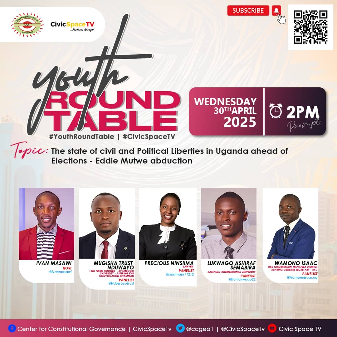 masawi ivan (@masawiivan) on Twitter photo Topic of discussion was the state of civil and political liberties in Uganda ahead of elections on the youth round table today <a href="/CivicSpaceTV/">CIVIC SPACE TV</a>
youtu.be/Ex_5n85rmpI?si…
With <a href="/NduwayoTrust/">Trust Mugisha Nduwayo</a>
<a href="/Wamonoisaacug/">wamono isaac</a>
<a href="/Ninsiimapr71212/">Ninsiima Precious Official</a>
<a href="/Honlukwago22/">Lukwago Ashiraf Ssemabira</a>
<a href="/UgandaEC/">The Electoral Commission - Uganda</a> Topic of discussion was the state of civil and political liberties in Uganda ahead of elections on the youth round table today <a href="/CivicSpaceTV/">CIVIC SPACE TV</a>
youtu.be/Ex_5n85rmpI?si…
With <a href="/NduwayoTrust/">Trust Mugisha Nduwayo</a>
<a href="/Wamonoisaacug/">wamono isaac</a>
<a href="/Ninsiimapr71212/">Ninsiima Precious Official</a>
<a href="/Honlukwago22/">Lukwago Ashiraf Ssemabira</a>
<a href="/UgandaEC/">The Electoral Commission - Uganda</a>