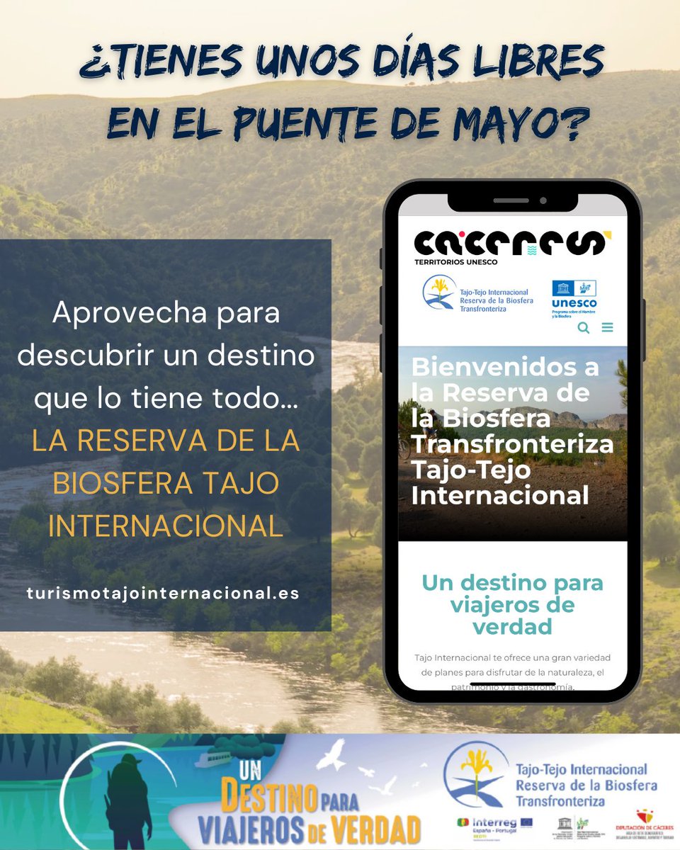 ¿Eres de los que podrán desconectar en el puente de mayo? Entonces tienes una cita con la Reserva de la Biosfera Tajo Internacional 🌍💚
El destino perfecto para reconectar y vivir una escapada inolvidable. 🥾🍷📸

📍 Planifica tu aventura en turismotajointernacional.es