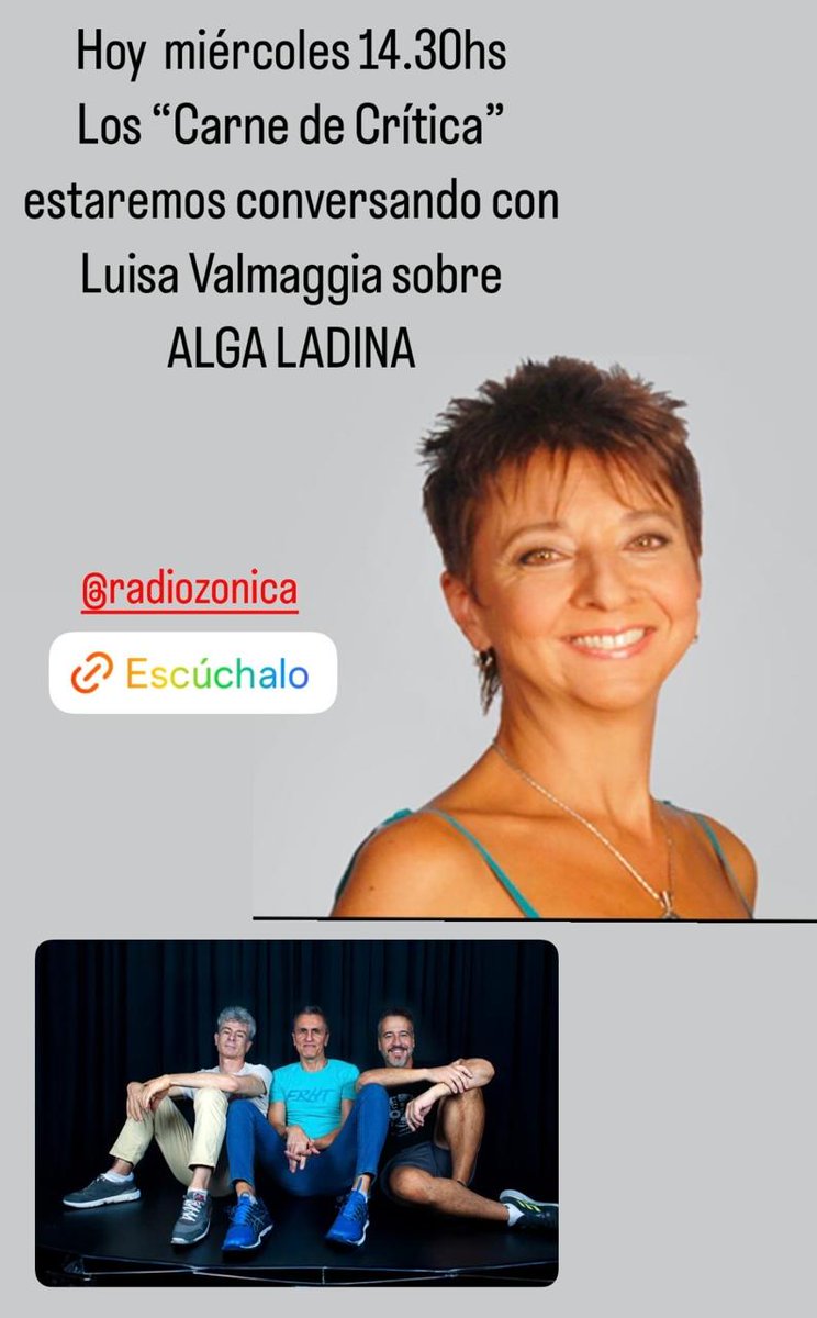 Hoy de 14 a 15hs los "CARNE DE CRÍTICA" estaremos conversando con <a href="/luisavalmaggia1/">Luisa Valmaggia</a> en su programa APUNTES DEL PORVENIR por  <a href="/larzradio/">La Rz</a> sobre nuestro espectáculo ALGA LADINA (el premio que faltaba). Te esperamos. 
<a href="/carloargentoOk/">Carlo Argento</a> <a href="/pesqueirafran/">Francisco Pesqueira</a> <a href="/HastaTrilce/">Hasta Trilce</a> <a href="/RADIOZONICA/">#RadioZonica #Zonica➕</a>