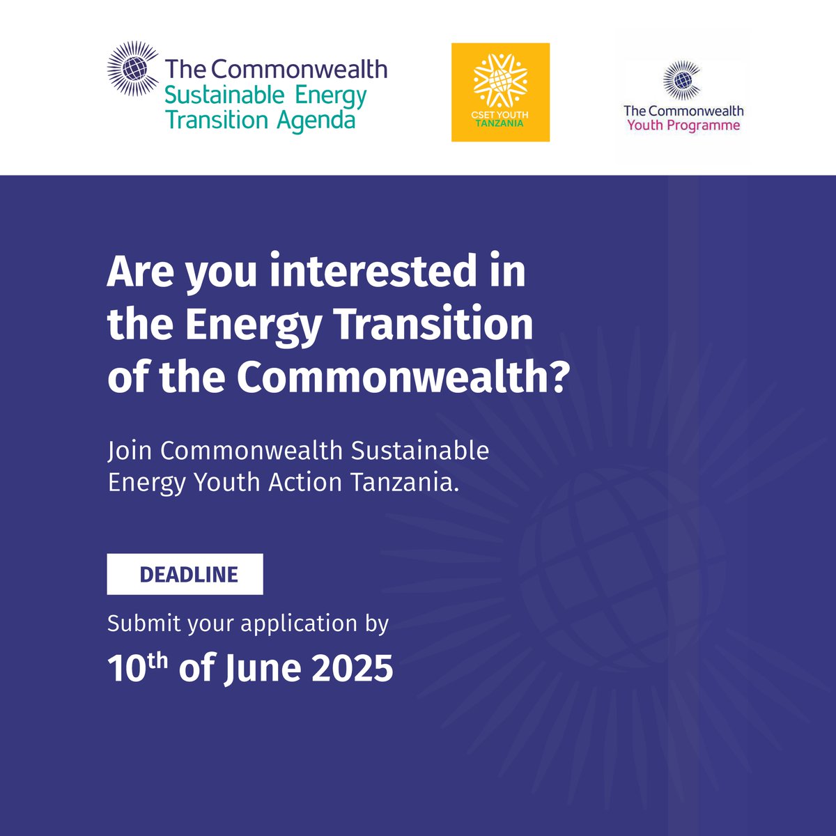We're looking for dedicated volunteers to join Commonwealth Sustainable Energy Youth Action Tanzania.

Do you have an interest in sustainable energy, clean cooking access or energy efficiency? 

If you are, express your interest by filling in our form. forms.gle/5kY7VareN2Mbua…