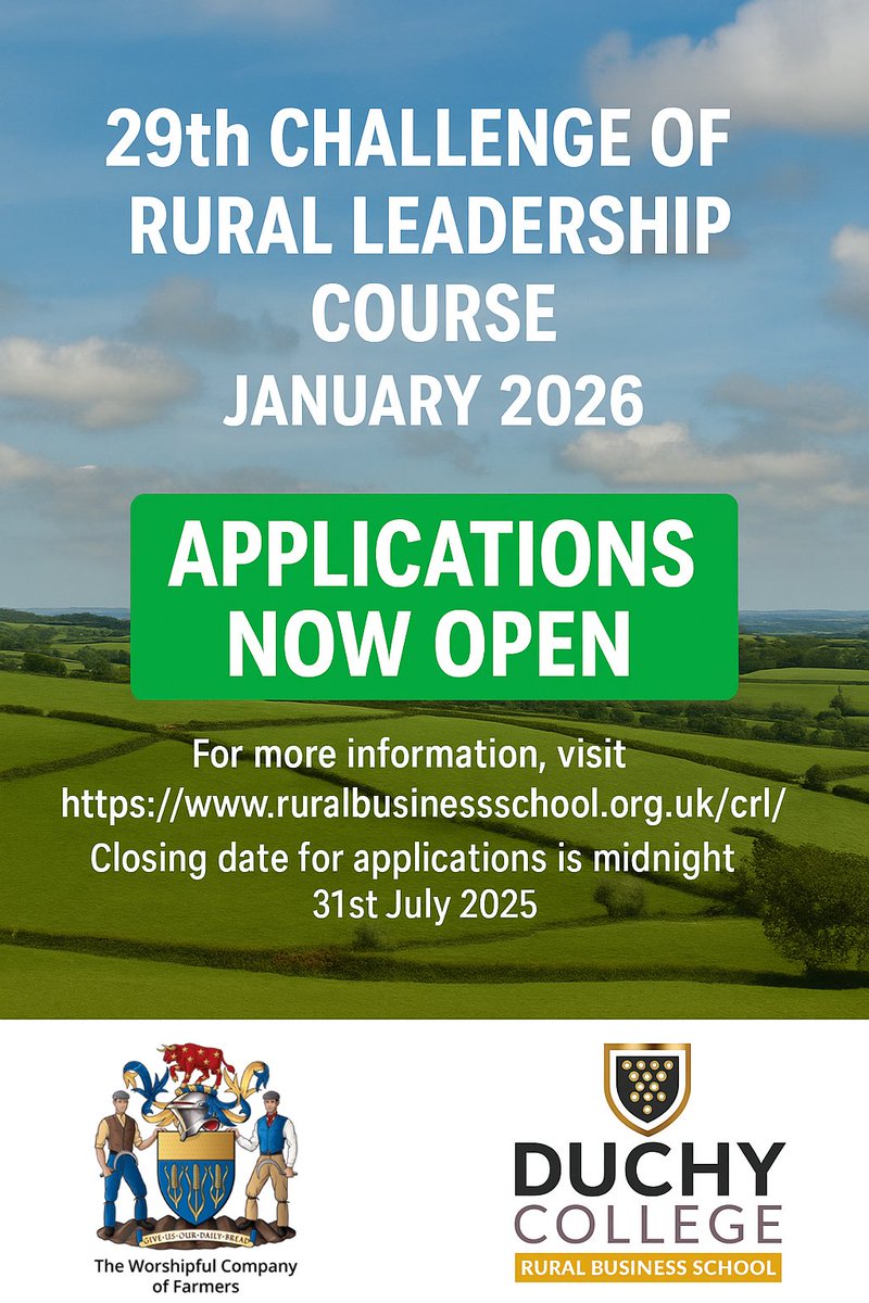 🚨 Applications now open for the 29th Challenge of Rural Leadership – Jan 2026!
Grow your leadership potential in the rural sector.
Apply by 31 July 2025
🔗 ruralbusinessschool.org.uk/crl/
#CRL26 #RuralLeadership #AgLeadership