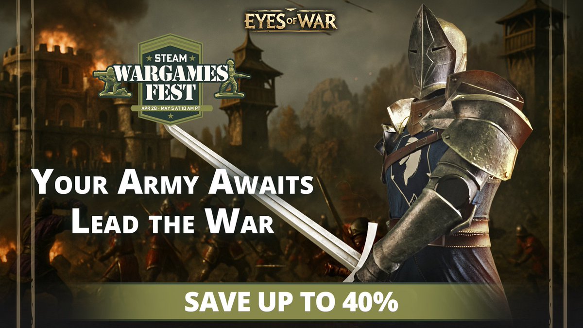 Eyes of War is ready for battle at the Wargames Festival!⚔️⚔️ 

📅From April 28 to May 5, Eyes of War will be waiting for you on Steam with 40% off during the Wargames Festival! 
Strategy, courage, and leadership... all await you in this world.  

#EyesofWar #Indiegame #Wargame