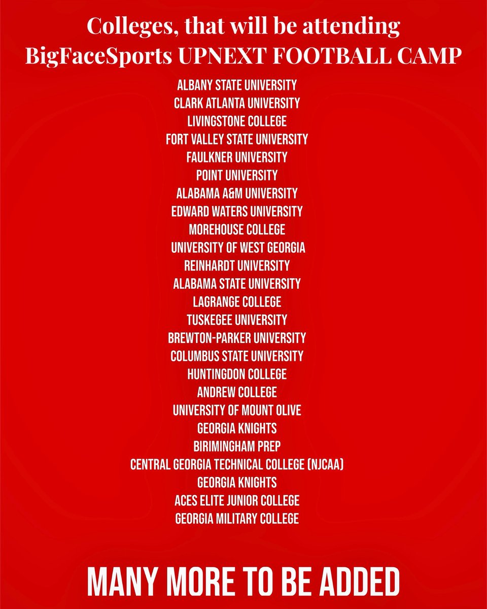 UPNEXT FOOTBALL CAMP 
McClung Memorial Stadium 
Columbus, Ga 31901 
All athletes receive a free UPNEXT T-shirt 
Awards will be given out 
Bigfacesports all american game invites going out !!