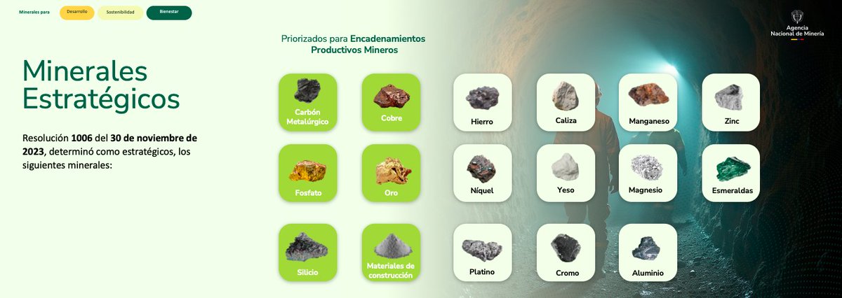 ANMColombia's tweet photo. #ANMinforma   

Desde la ANM definimos 17 minerales estratégicos que son la base de las cadenas productivas que nos permitirán avanzar en la #TransiciónEnergética, la reindustrialización de la economía, el desarrollo agrícola y la construcción de infraestructura. https://t.co/MNxvdp5K2r