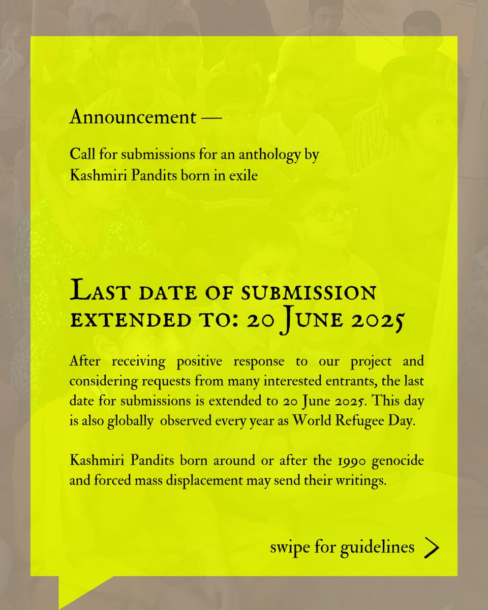 SatyarthPandita's tweet photo. Call for submissions for an anthology by #KashmiriPandits born in exile. 
Kindly amplify 🙏🏻 https://t.co/7ndZ77TFA5