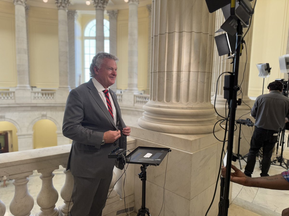 RepCollinsPress's tweet image. Behind the scenes with @RepMikeCollins on @Newsmax. All smiles talking about President Trump’s first 100 days in office.