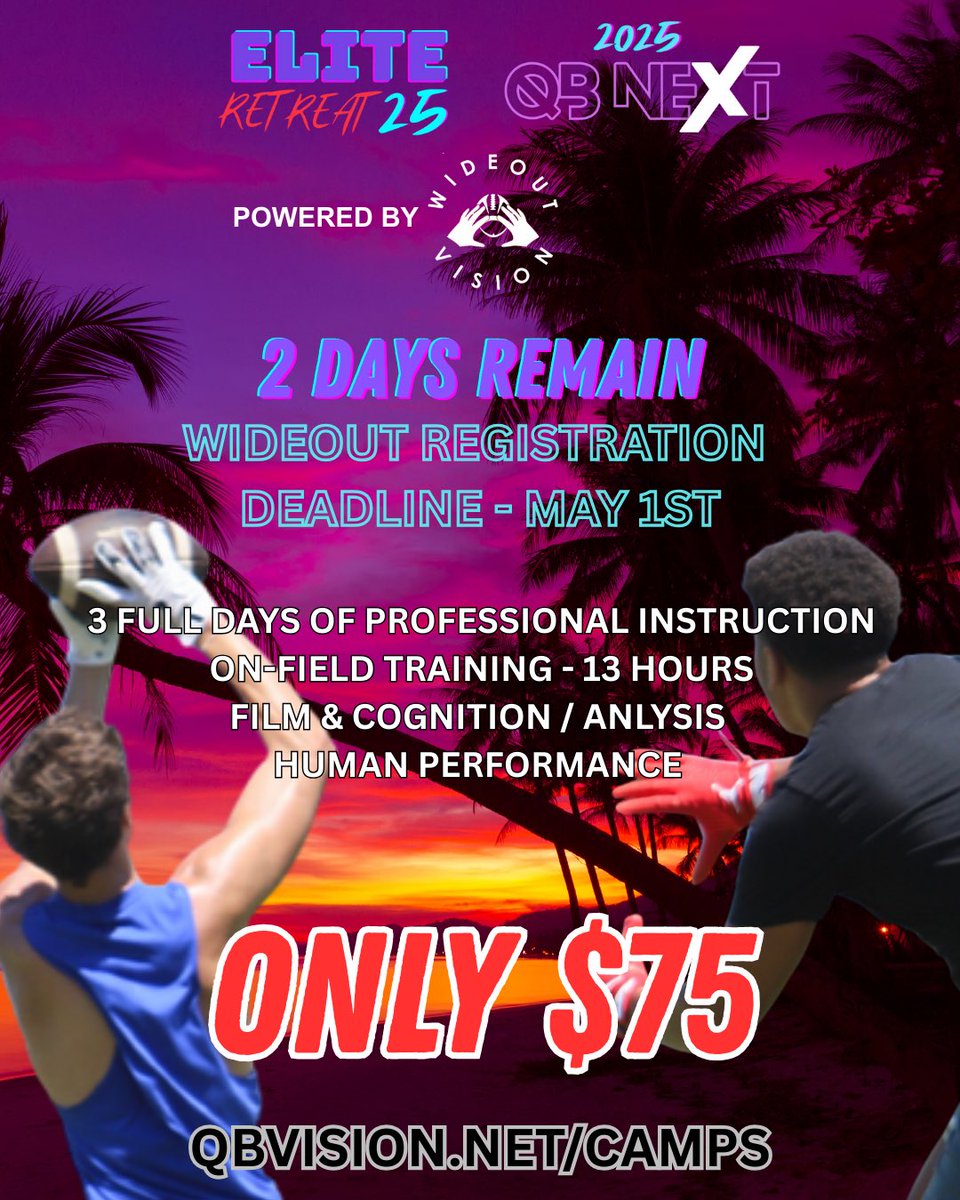 Elite Retreat 25 kicks off soon — 3 days of straight WR mastery:
• 13+ hrs on-field grind
• Film + cognition work
• Human performance game-changers

ONLY $75 — Registration closes TONIGHT!
Lock in at qbvision.net/camps

 #EliteRetreat25 #WideoutVision #WRU