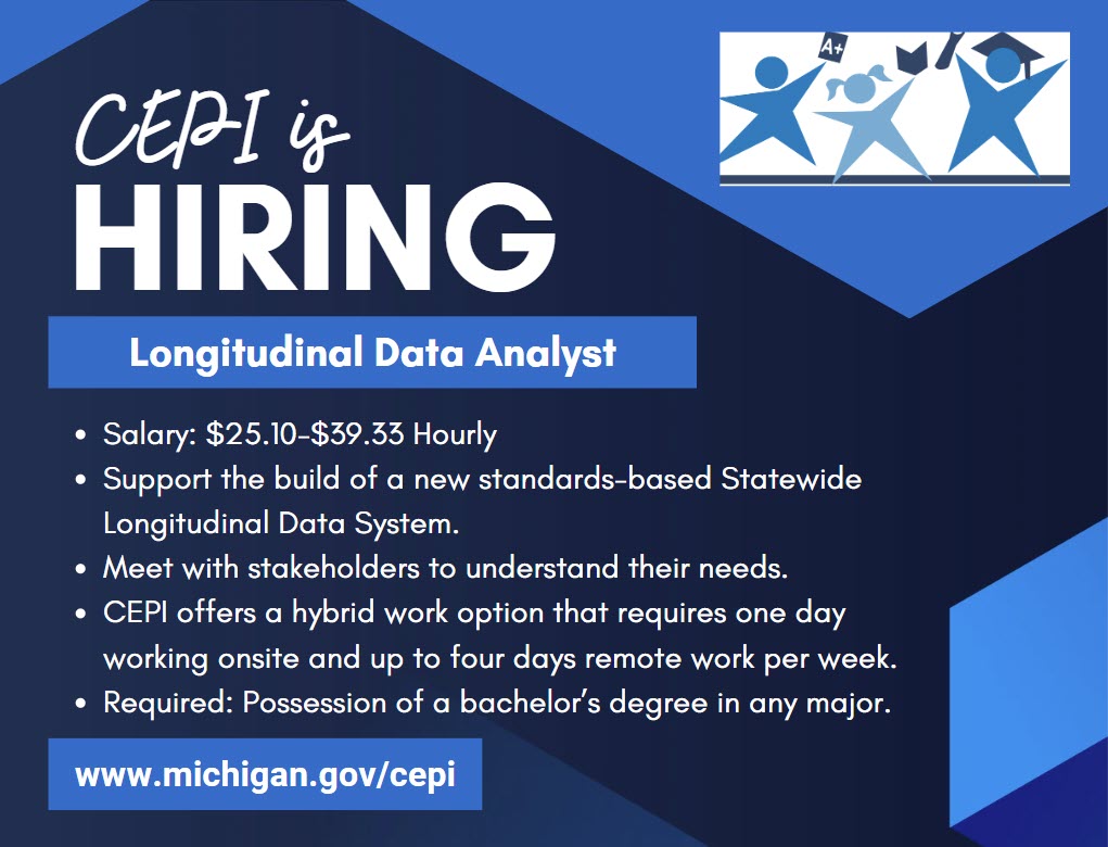 MISchoolData's tweet photo. CEPI is hiring a Longitudinal Data Analyst to help build and support a new standards-based longitudinal data system.

• Great team
• Great benefits
• Great opportunity to help serve the people of Michigan

Apply by May 7 at https://t.co/IZZx8toQFV https://t.co/8Tquf5RUip