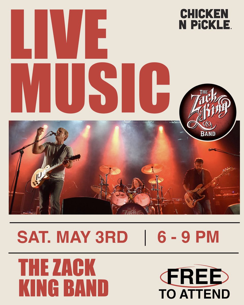 SHOW ANNOUNCEMENT: This Sat. May 3-Our first show at Grapevine’s Chicken N Pickle!

Enjoy a Mint Julep &amp; catch the derby. ZKB Unplugged in the GameYard immediately after the race!

Click here for all details:
ZackKing.com/tour