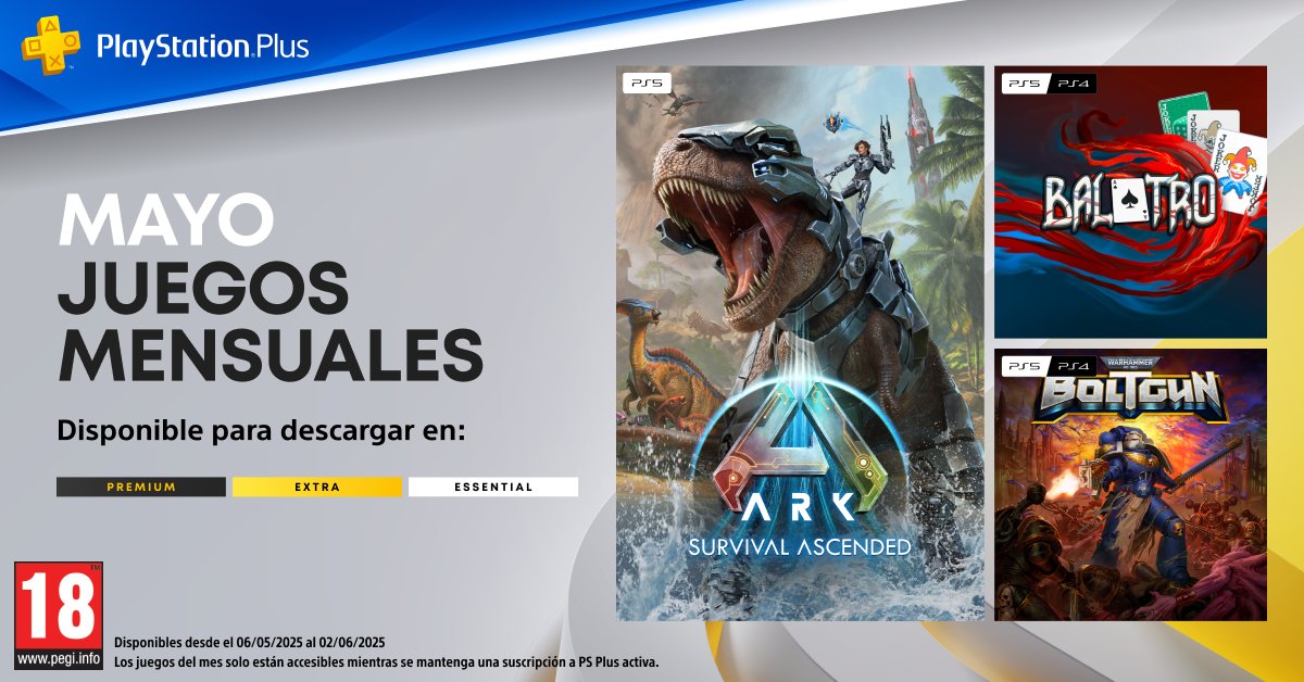 ¡Desvelados los #JuegosDeMes de MAYO en #PlayStationPlus!
🦖ARK: Survival Ascended de #PS5.
🃏Balatro de #PS4 y PS5.
🔫Warhammer 40.000: Boltgun de PS4 y PS5.
Disponibles desde el 06/05. Toda la info: bit.ly/JDMMY25