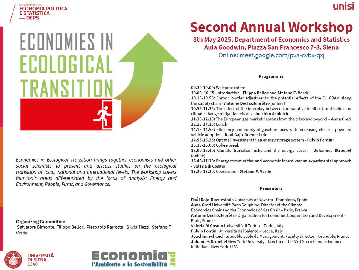 DEPS Siena - Department of Economics & Statistics (@depsusiena) on Twitter photo 🚨Next week at <a href="/DepsUSiena/">DEPS Siena - Department of Economics & Statistics</a> 🚨
Excited to announce the Second Annual Workshop "Economies in Ecological Transition”
Great lineup of speakers!
🗓️⏲️ May 8 - 9:30, Aula Goodwin #Siena 🚨Next week at <a href="/DepsUSiena/">DEPS Siena - Department of Economics & Statistics</a> 🚨
Excited to announce the Second Annual Workshop "Economies in Ecological Transition”
Great lineup of speakers!
🗓️⏲️ May 8 - 9:30, Aula Goodwin #Siena