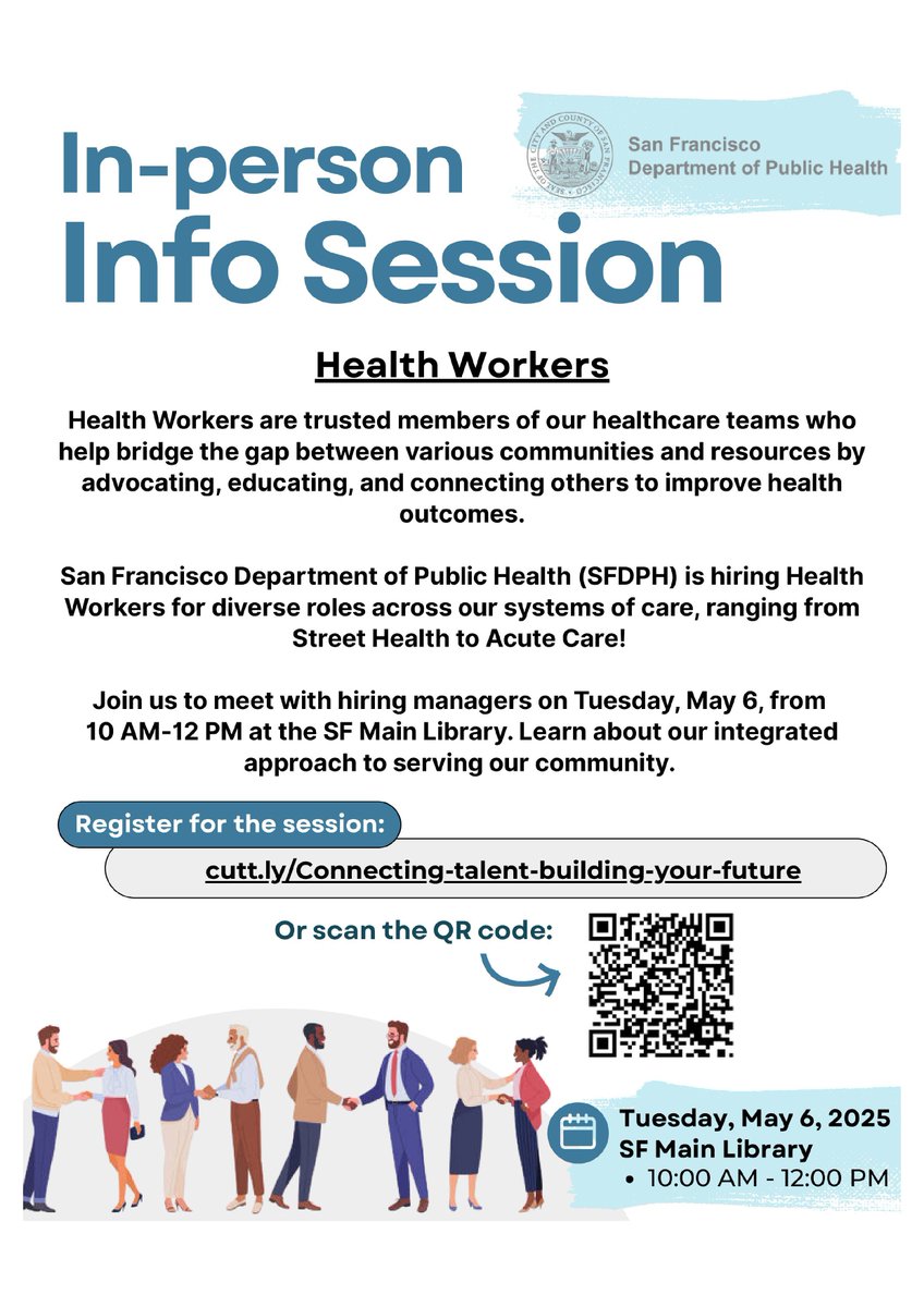 Meet hiring managers Tues, May 6, 10AM–12PM @ SF Main Library! 
Learn how Health Workers connect communities to care. 
Register now: cutt.ly/Connecting-tal…