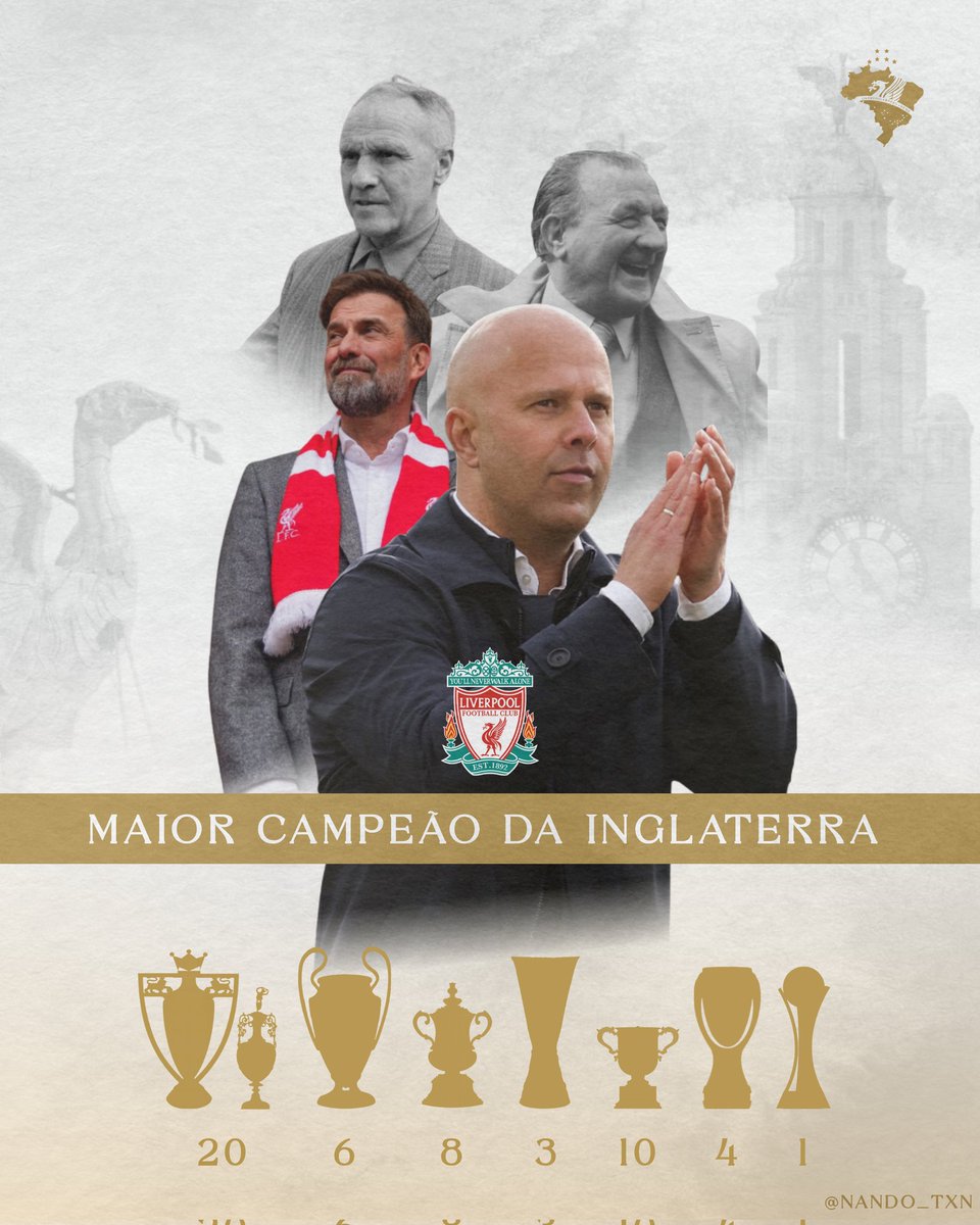 LFCBrasilNews's tweet photo. 🔴🏆 LIVERPOOL É O MAIOR CAMPEÃO DA INGLATERRA!

Com a conquista da Primeira Divisão da Liga Inglesa pela 20ª vez, os Reds ergueram a sua taça de número 75 na história. Confira todos os títulos:

🏆 20x Primeira Divisão da Liga Inglesa 🥇
🏆 16x Supercopa da Inglaterra 🥈
🏆 10x Copa da Liga Inglesa 🥇
🏆 8x Copa da Inglaterra 🥇
🏆 6x Champions League 🥇
🏆 4x Supercopa da UEFA 🥇
🏆 4x Segunda Divisão da Liga Inglesa 🥈
🏆 3x Copa UEFA/Europa League 🥇
🏆 1x Mundial de Clubes 🥇
🏆 1x Supercopa da Liga de Futebol 🥈
🏆 1x Sheriff of London Charity Shield 🥈
🏆 1x Lancashire League 🥈

🥇 = Títulos de primeiro nível - 52 títulos (maior campeão na Inglaterra)

🥈 = Títulos de segundo nível - 23 títulos

🔍 A Supercopa da Liga de Futebol foi uma competição criada pela EFL para cobrir o calendário durante o período em que os clubes da Inglaterra não podiam participar de torneios da UEFA devido à punição pela tragédia de Heysel. 

🔍 Já a Sheriff London deu origem à Supercopa da Inglaterra, que era disputada entre o melhor time profissional e a melhor equipe amadora.

🔍 Enquanto a Lancashire League era o torneio mais disputado da região do Norte da Inglaterra no início dos anos 1900. Em comparação, era similar a Copa do Nordeste ou Copa Verde, que existem até hoje no Brasil. 

🤯 Por fim, o Liverpool é o maior campeão da Inglaterra em títulos totais, conquistas de primeiro nível e internacionais, além de ser o maior campeão da Primeira Divisão da Liga Inglesa.

🎨 Arte: @nando_txn