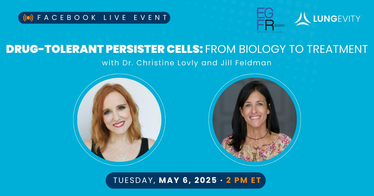 LUNGevity Foundation (@lungevity) on Twitter photo What are drug-tolerant persister cells & how do they survive chemotherapy and targeted therapies? Tune into Facebook.com on 5/6 for a conversation with <a href="/jillfeldman4/">Jill Feldman</a> (<a href="/EGFRResisters/">EGFR Resisters</a>) & <a href="/christine_lovly/">Christine Lovly, MD, PhD, FASCO</a> (<a href="/VUMCDiscoveries/">Vanderbilt University Medical Center</a>) to discuss research on this topic. #lcsm What are drug-tolerant persister cells & how do they survive chemotherapy and targeted therapies? Tune into Facebook.com on 5/6 for a conversation with <a href="/jillfeldman4/">Jill Feldman</a> (<a href="/EGFRResisters/">EGFR Resisters</a>) & <a href="/christine_lovly/">Christine Lovly, MD, PhD, FASCO</a> (<a href="/VUMCDiscoveries/">Vanderbilt University Medical Center</a>) to discuss research on this topic. #lcsm