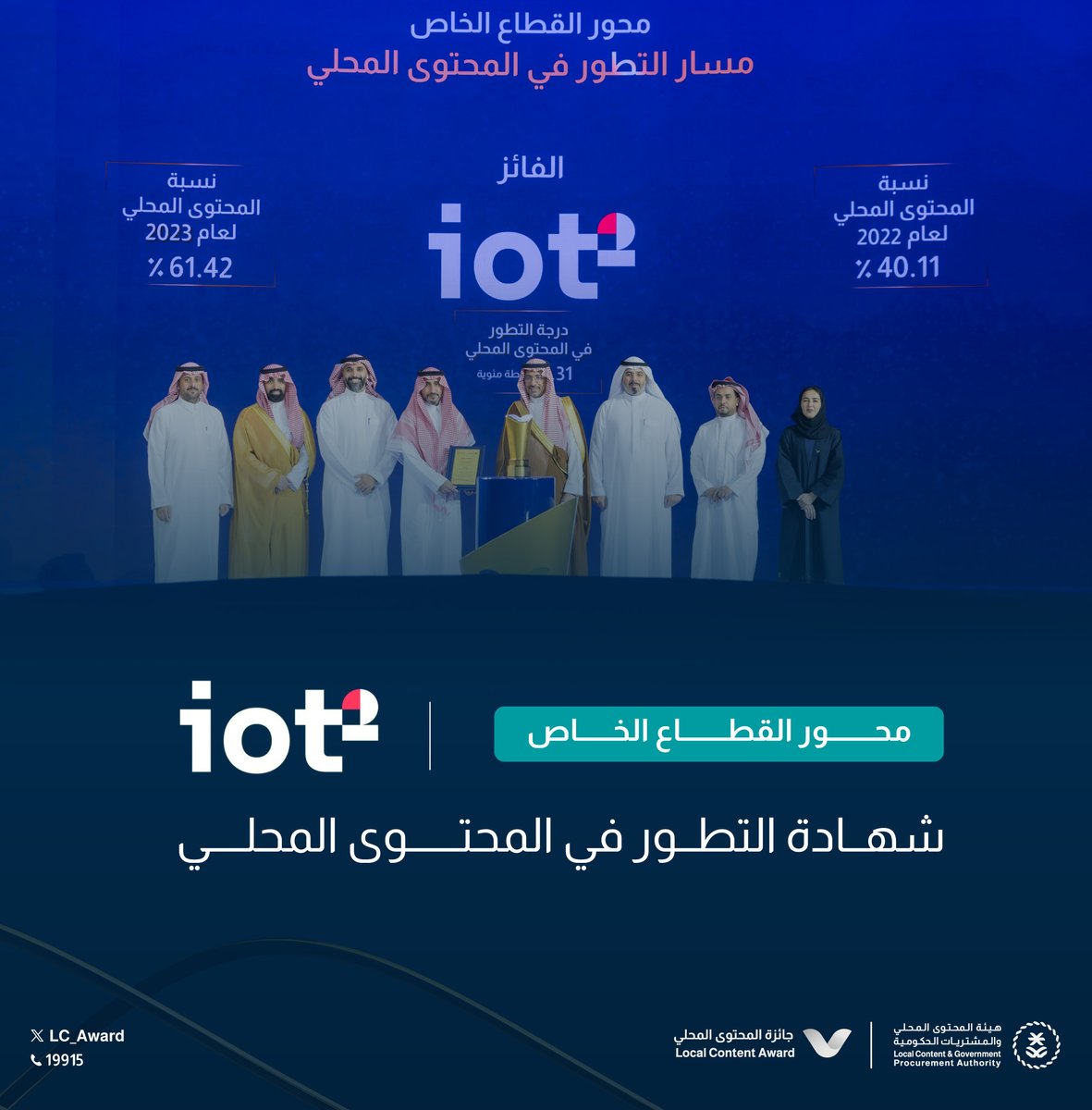 تحصد شركة تقنيات إنترنت الأشياء لتقنية المعلومات على شهادة التطور في #المحتوى_المحلي ضمن محور القطاع الخاص، في النسخة الثالثة من #جائزة_المحتوى_المحلي 

#نحتفي_بإسهامك