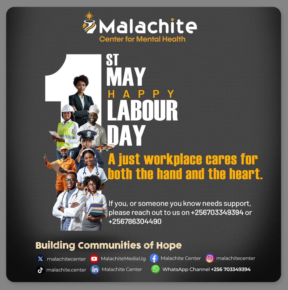 Happy Labour Day!

"May the favor of the Lord our God rest on us; establish the work of our hands for us— yes, establish the work of our hands." Psalm 90:17 NIV

#MalachiteMediaUg
#LabourDay2025 
#MentalHealthAdvocacy
#MentalHealthAwareness