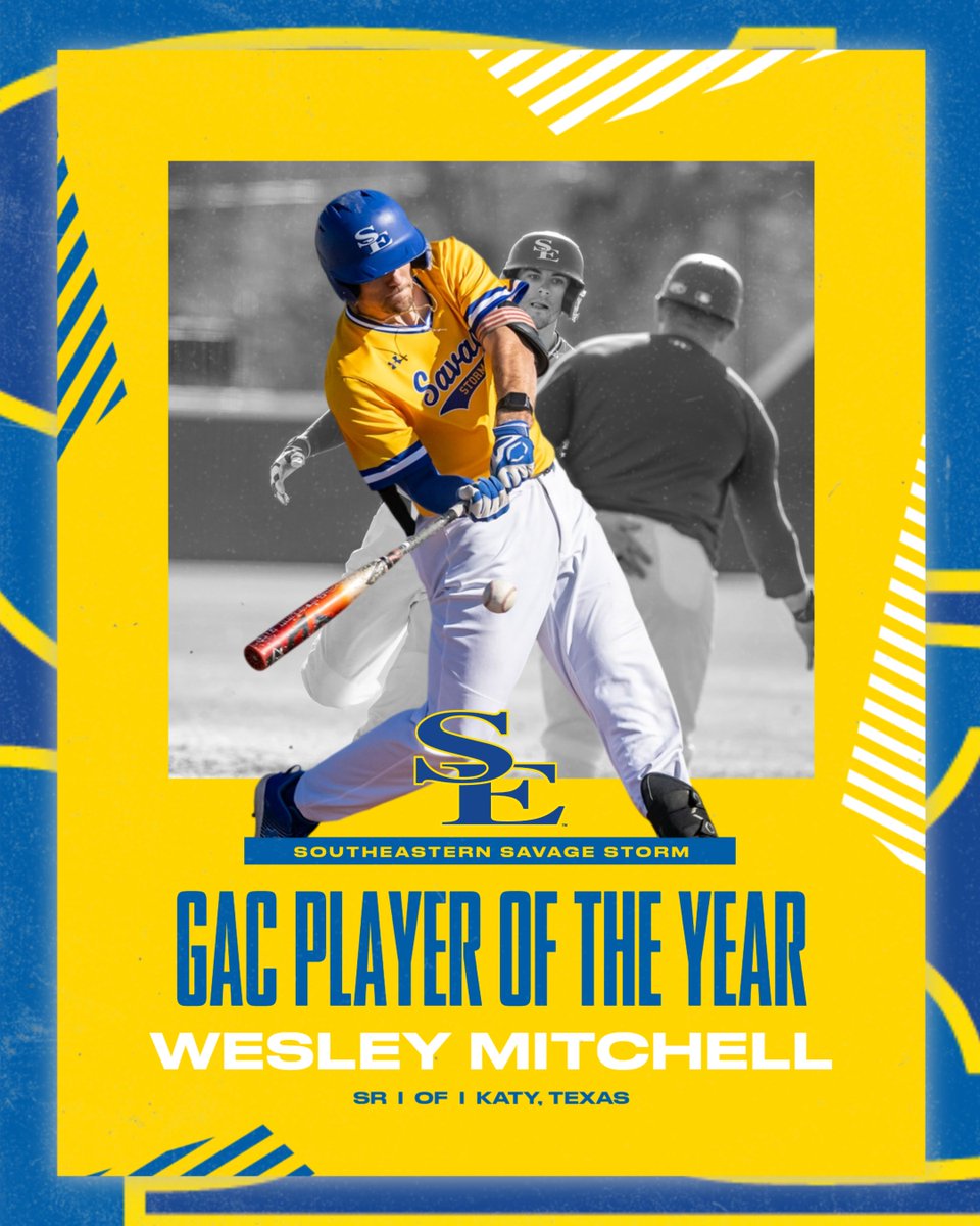 Congratulations to <a href="/SavageStormBSB/">Savage Storm Baseball</a> Wesley Mitchell on earning <a href="/GACAthletics/">#TheGAC</a> Baseball Player of the Year honors and First Team All-GAC recognition!

#GoSoutheastern | #TakeCover