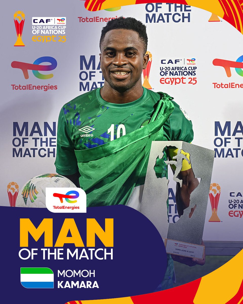 CAF_Online (@caf_online) on Twitter photo Who else?
Momoh Kamara deservedly collects the Man of the Match award thanks to a stellar hattrick. 🔥🇸🇱
<a href="/Football2Gether/">Football Together</a> | #SLEEGY | #TotalEnergiesAFCONU20 Who else?
Momoh Kamara deservedly collects the Man of the Match award thanks to a stellar hattrick. 🔥🇸🇱
<a href="/Football2Gether/">Football Together</a> | #SLEEGY | #TotalEnergiesAFCONU20