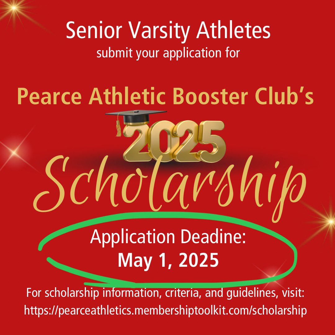 REMINDER: Tomorrow, May 1, is the deadline for Senior Varsity athletes to apply for the Pearce Athletic Booster Club scholarship. 👨🏻‍🎓