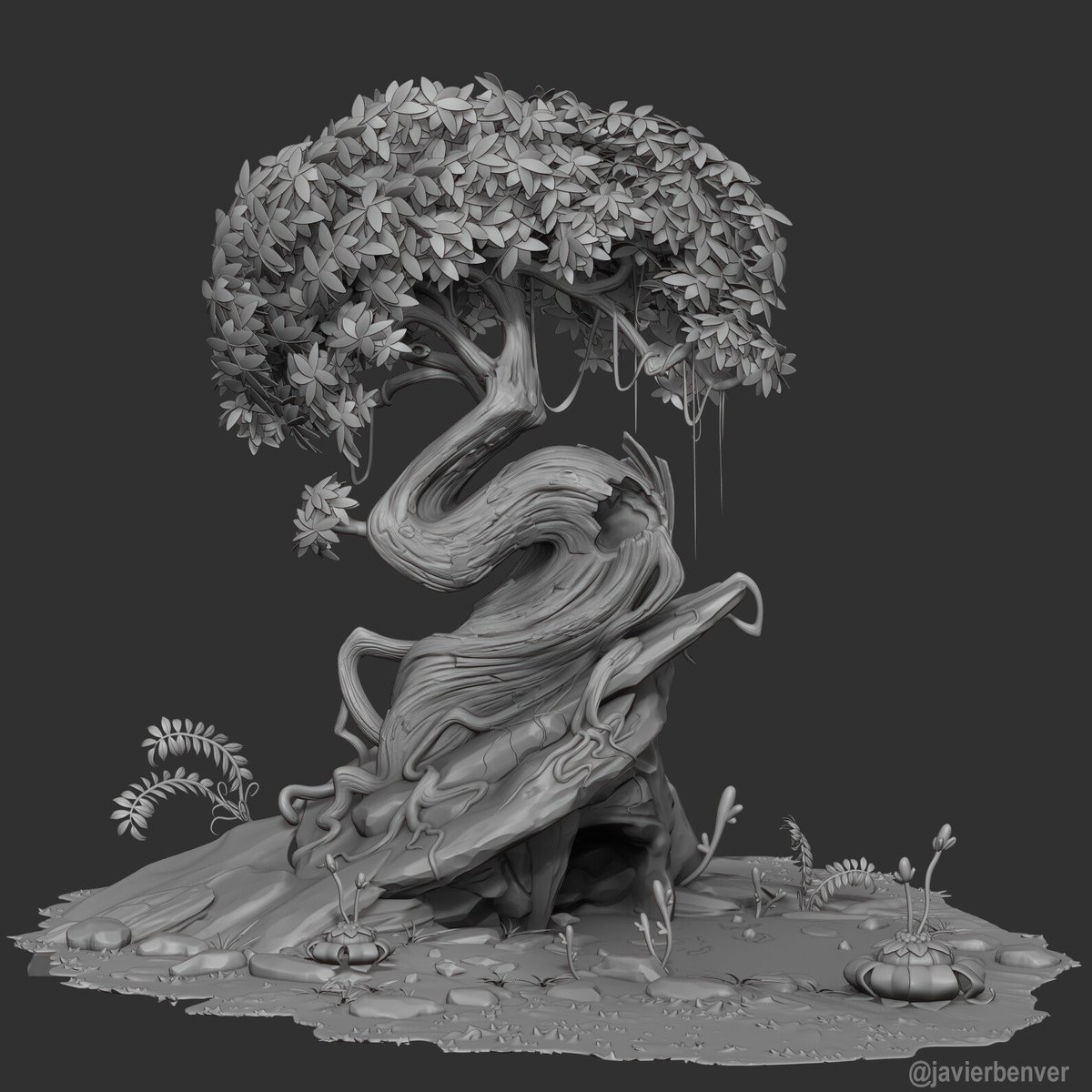javierbenver's tweet image. Magic tree sculpt. This work is inspired by the wonderful art of Olga Permiakova #zbrush
