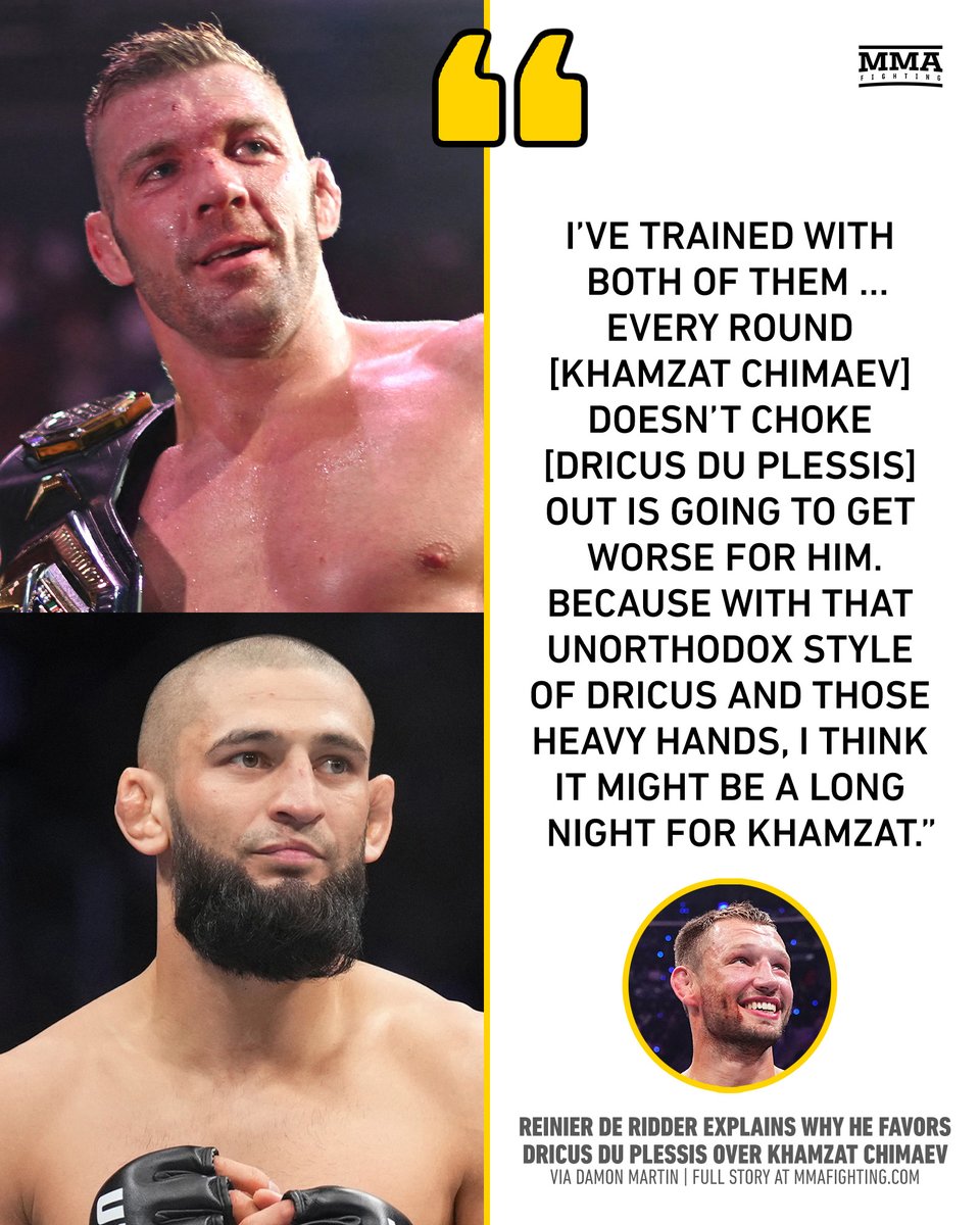 MMAFighting's tweet photo. UFC Des Moines co-main eventer Reinier De Ridder weighs in on potential Dricus du Plessis vs. Khamzat Chimaev fight. https://t.co/2trNTF7JvM