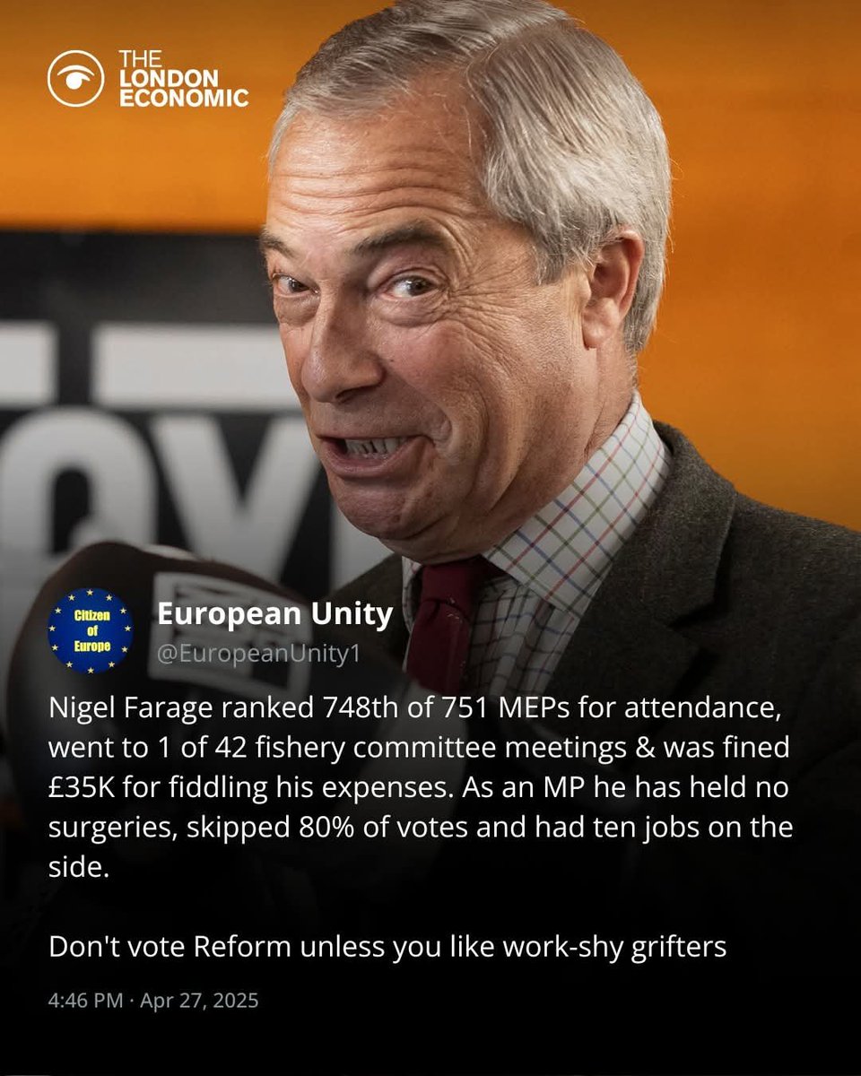Reminder for everyone planning to vote for Deform UK in tomorrow's #LocalElections.

Farridge is a loudmouthed liar and swindler who doesn't give a toss about you or the lives &amp; livelihoods of the British people.

Don't fall for his empty promises, false claims and outright lies.