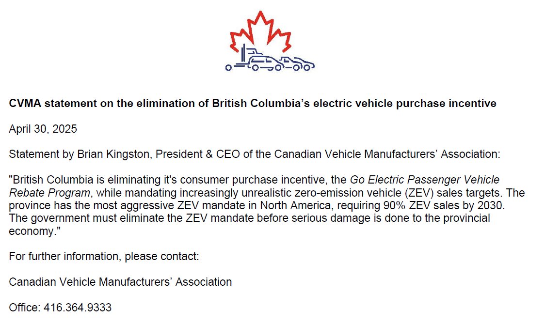 cvma_ca's tweet image. Statement by Brian Kingston, President &amp;amp; CEO of the Canadian Vehicle Manufacturers’ Association, on the elimination of British Columbia’s electric vehicle purchase incentive: