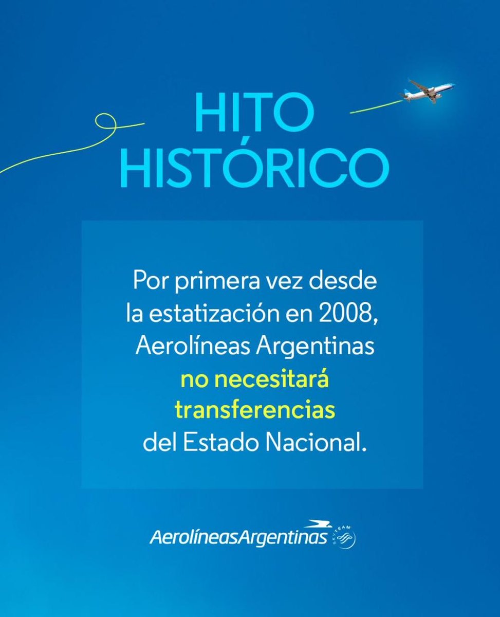 Omar De Marchi (@omardemarchi) on Twitter photo Por primera vez desde la estatización en 2008, <a href="/Aerolineas_AR/">Aerolíneas Argentinas</a> no necesitará recursos del Estado.
En 2024 superávit operativo (USD 24 Millones), superávit económico (USD 150 Millones).
Gran trabajo de Fabián Lombardo y equipo.
<a href="/JMilei/">Javier Milei</a> <a href="/LuisCaputoAR/">totocaputo</a>
👇 Por primera vez desde la estatización en 2008, <a href="/Aerolineas_AR/">Aerolíneas Argentinas</a> no necesitará recursos del Estado.
En 2024 superávit operativo (USD 24 Millones), superávit económico (USD 150 Millones).
Gran trabajo de Fabián Lombardo y equipo.
<a href="/JMilei/">Javier Milei</a> <a href="/LuisCaputoAR/">totocaputo</a>
👇