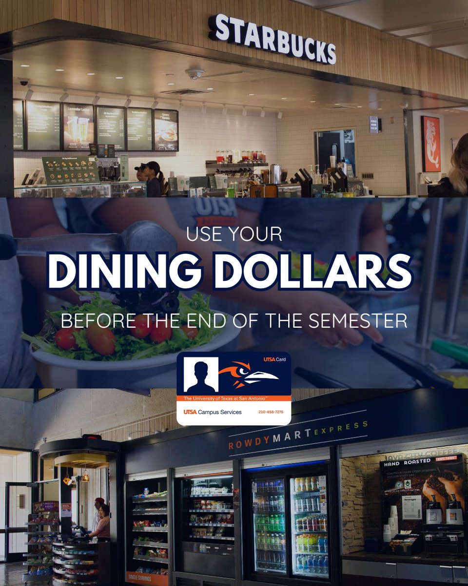 UTSACampusSrvcs's tweet image. Runners, as the end of the school year approaches, be sure to use up those Dining Dollars! Remember, any unused Dining Dollars will expire at the end of the semester. Learn more at utsa.edu/dining.

#DiningDollars #EndOfSemester